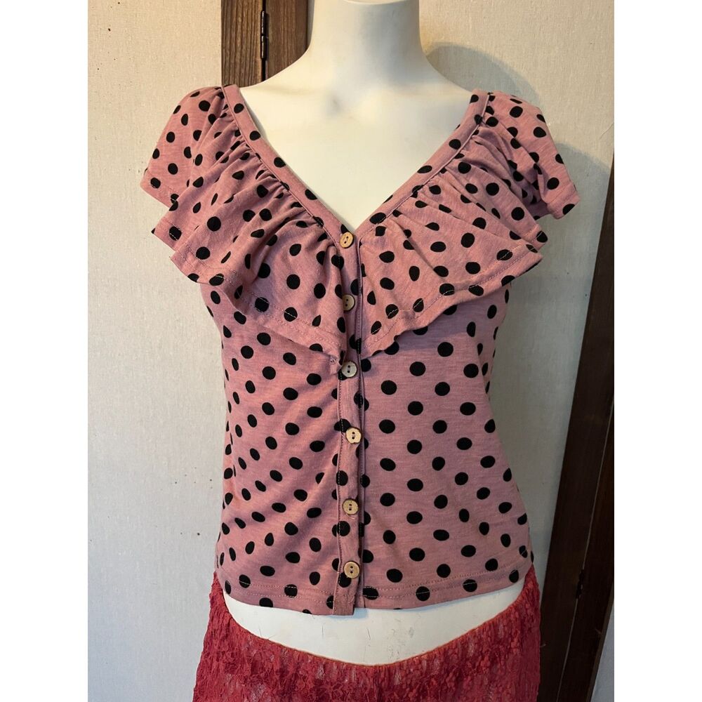 Y2K Pink Polka Dot Ruffle Top • Coquette Pinup Babydoll Tee • Medium